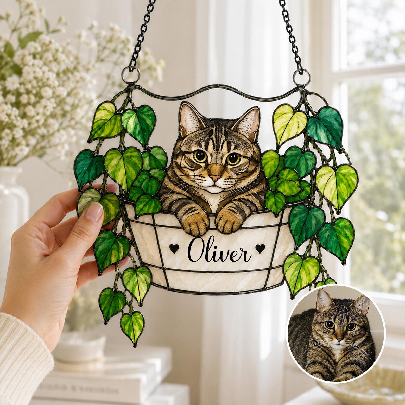 Personalized Cat Portrait Glass Suncatcher, Pothos Plant Suncatcher, Cat Lover Gift, Botanical Glass Art, Cat Mom Gift, Window Hanging. SCCBILUMMIE6