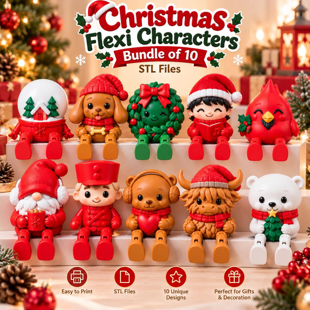 May include: A collection of ten Christmas Flexi Characters as STL files, featuring figures like a snow globe, a puppy, a wreath, a child, a cardinal, a gnome, a soldier, a bear, a highland cow, and a polar bear, all with articulated legs.