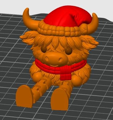 May include: A 3D rendered figurine of a shaggy orange highland cow with horns, wearing a bright red knit-style hat and a matching red scarf. The character has large dark eyes, a textured coat, and articulated legs extending forward.