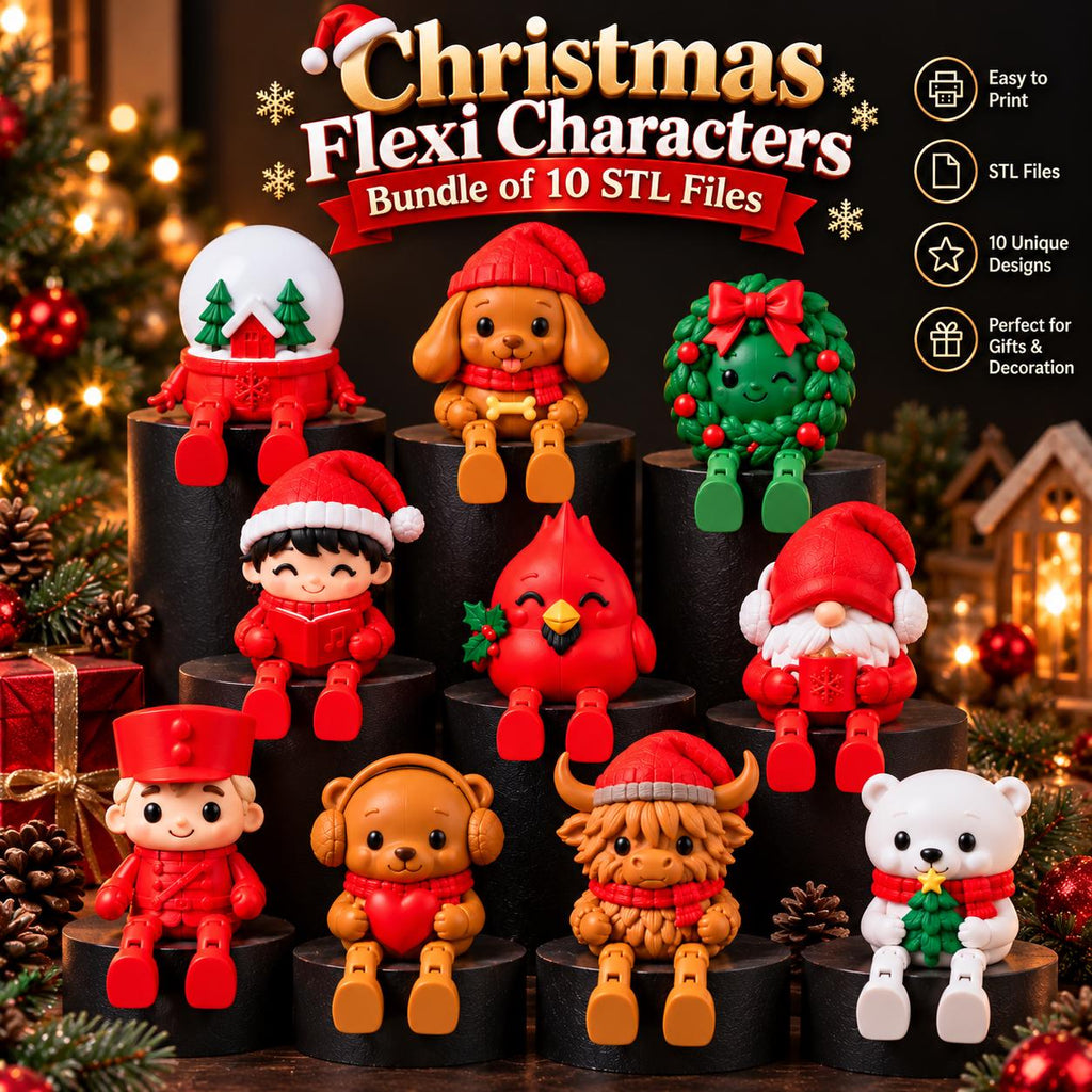 May include: A collection of 10 Christmas-themed flexi character figurines, including a snow globe, a puppy, a wreath, a child, a cardinal, a gnome, a soldier, a bear, a highland cow, and a polar bear, all featuring articulated legs.