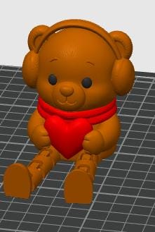 May include: A brown 3D rendered bear figurine wearing red earmuffs and a red scarf, holding a solid red heart in its paws. The bear has a smooth, matte finish with articulated limbs and sits in a forward-facing position with dark eyes.