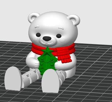 May include: A white polar bear figurine in a sitting position, wearing a bright red scarf around its neck. The bear is holding a small, green, stylized Christmas tree with a star on top. The figure has black eyes and a black nose.