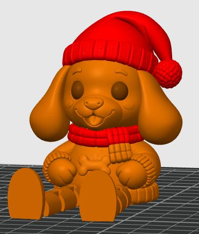 May include: A 3D rendered orange dog figurine wearing a bright red Santa hat with a textured pom-pom and a matching red scarf. The dog has long ears, a small bone-shaped emblem on its chest, and is depicted in a seated position with legs extended.