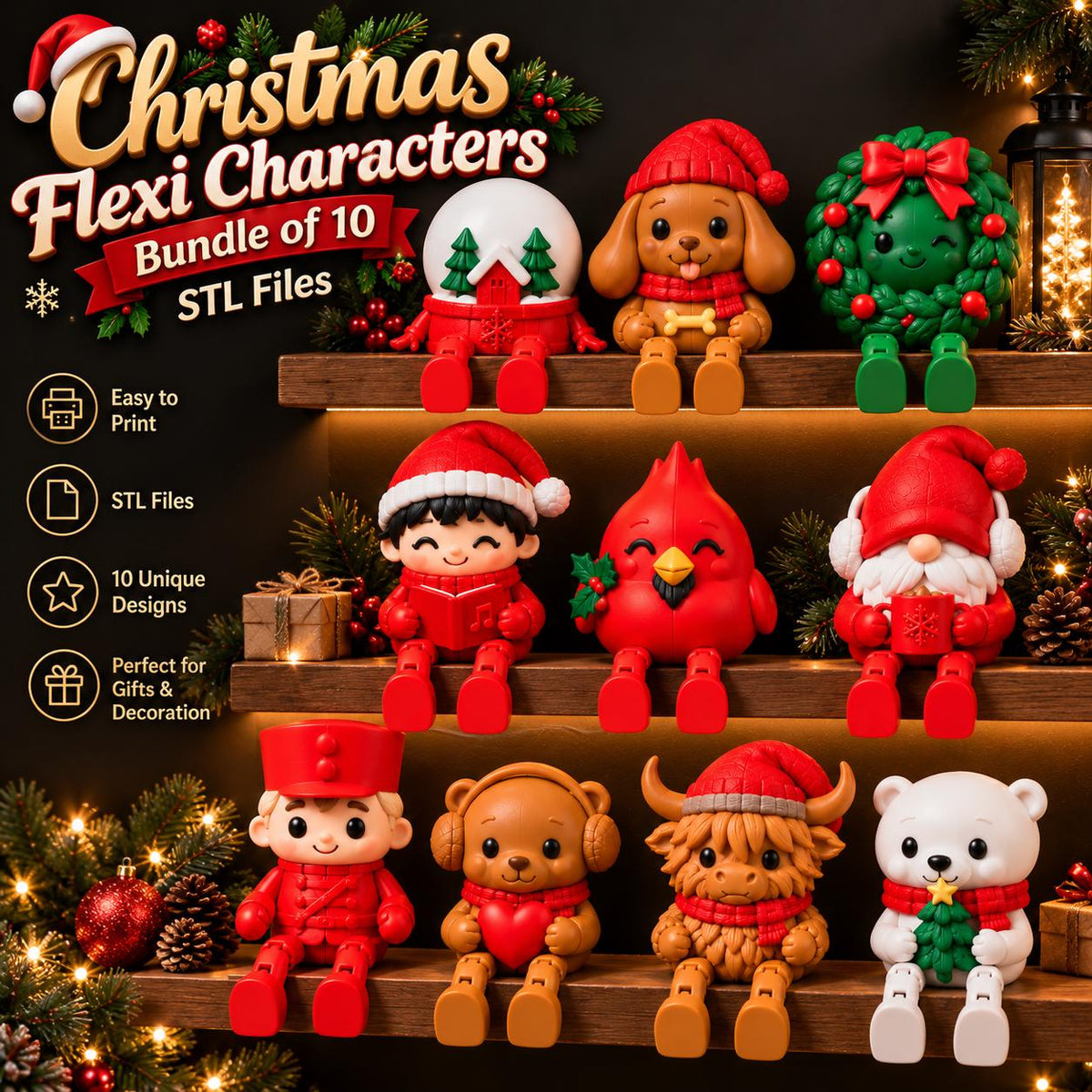 May include: A bundle of 10 Christmas Flexi Characters STL files featuring articulated figures including a snow globe, puppy, wreath, child, cardinal, gnome, soldier, bear, highland cow, and polar bear, all with festive holiday accessories.