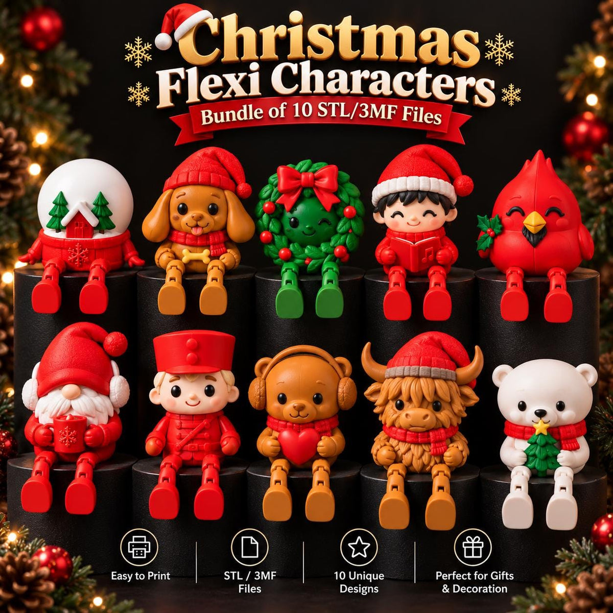 May include: A collection of ten 3D printable Christmas Flexi Characters including a snow globe, dog, wreath, child, cardinal, gnome, soldier, bear, highland cow, and polar bear. The text reads Christmas Flexi Characters Bundle of 10 STL/3MF Files.