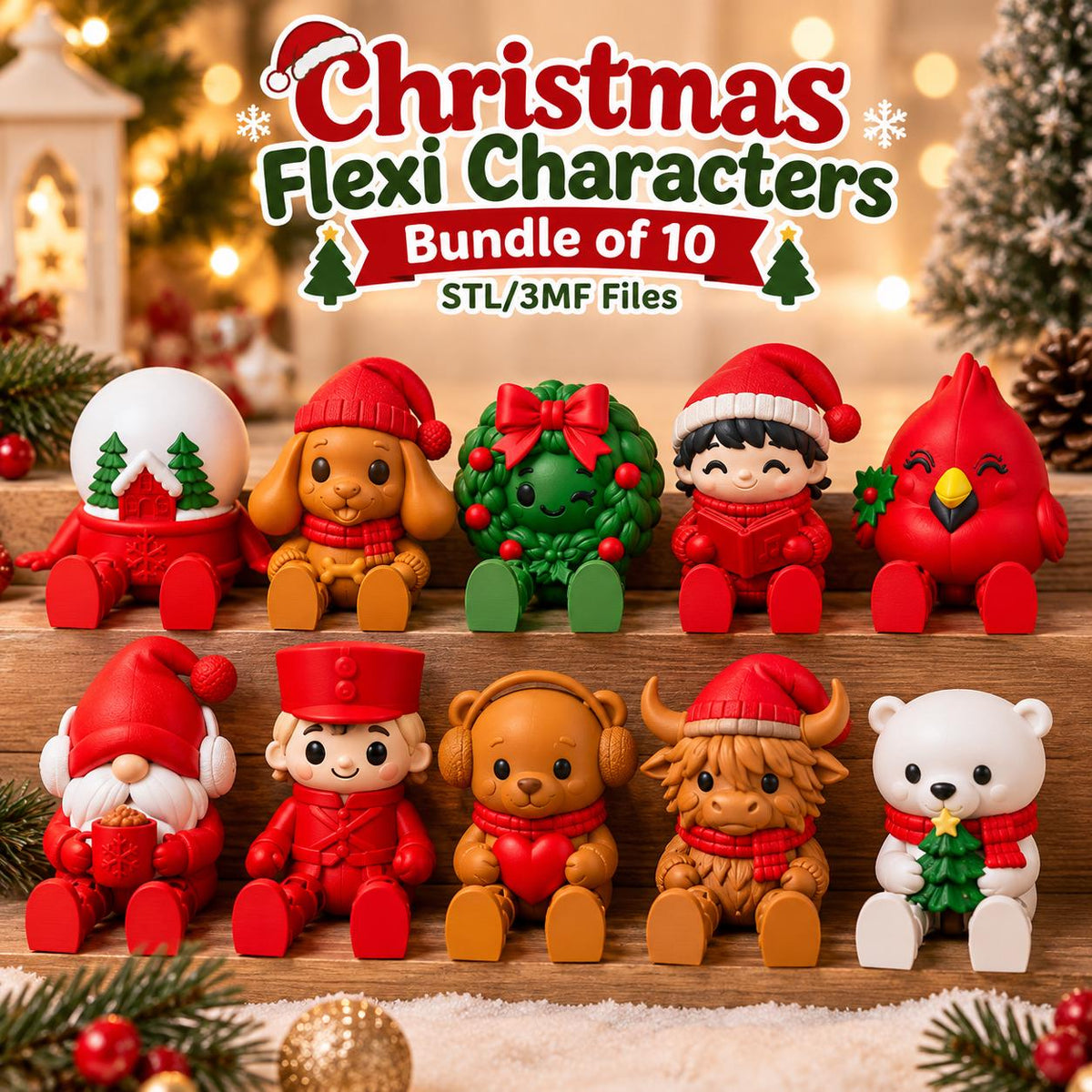May include: A digital collection of ten Christmas Flexi Characters featuring a snow globe, a puppy, a wreath, a child, a cardinal, a gnome, a soldier, a bear, a highland cow, and a polar bear. The text reads Christmas Flexi Characters Bundle of 10 STL/3MF Files.