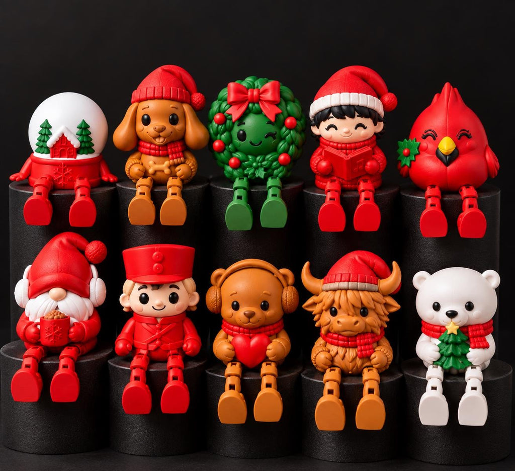 May include: A collection of ten small, colorful holiday-themed figurines with dangling legs. The figures include a snow globe, a brown dog, a green wreath, a child reading, a red bird, a gnome, a soldier, a bear, a highland cow, and a polar bear.