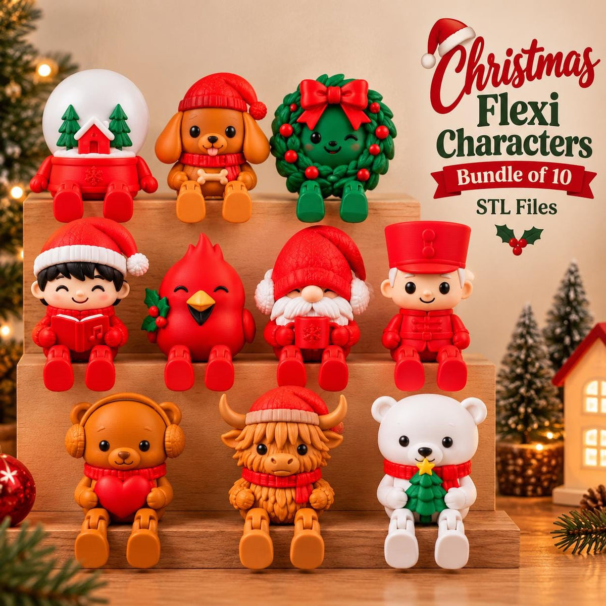 May include: A collection of ten Christmas-themed flexi character figurines, including a snow globe, puppy, wreath, child, cardinal, gnome, soldier, bear, highland cow, and polar bear, with text reading Christmas Flexi Characters Bundle of 10 STL Files.