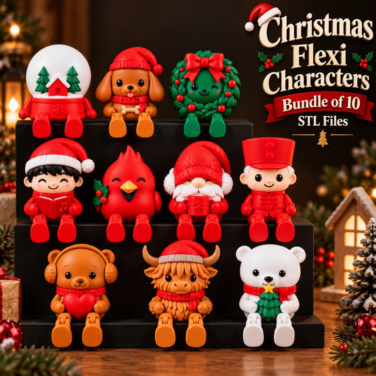 May include: A collection of ten Christmas Flexi Characters figurines featuring a snow globe, a puppy, a wreath, a child, a cardinal, a gnome, a soldier, a bear, a highland cow, and a polar bear, all with articulated limbs and holiday themes.
