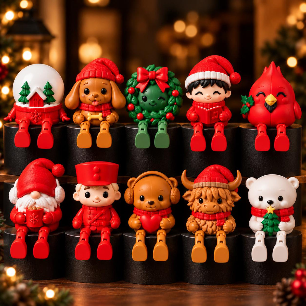 May include: A collection of ten small Christmas-themed figurines featuring a snow globe, a puppy, a wreath, a child singing, a cardinal, a gnome, a toy soldier, a bear, a highland cow, and a polar bear, all designed with dangling legs.