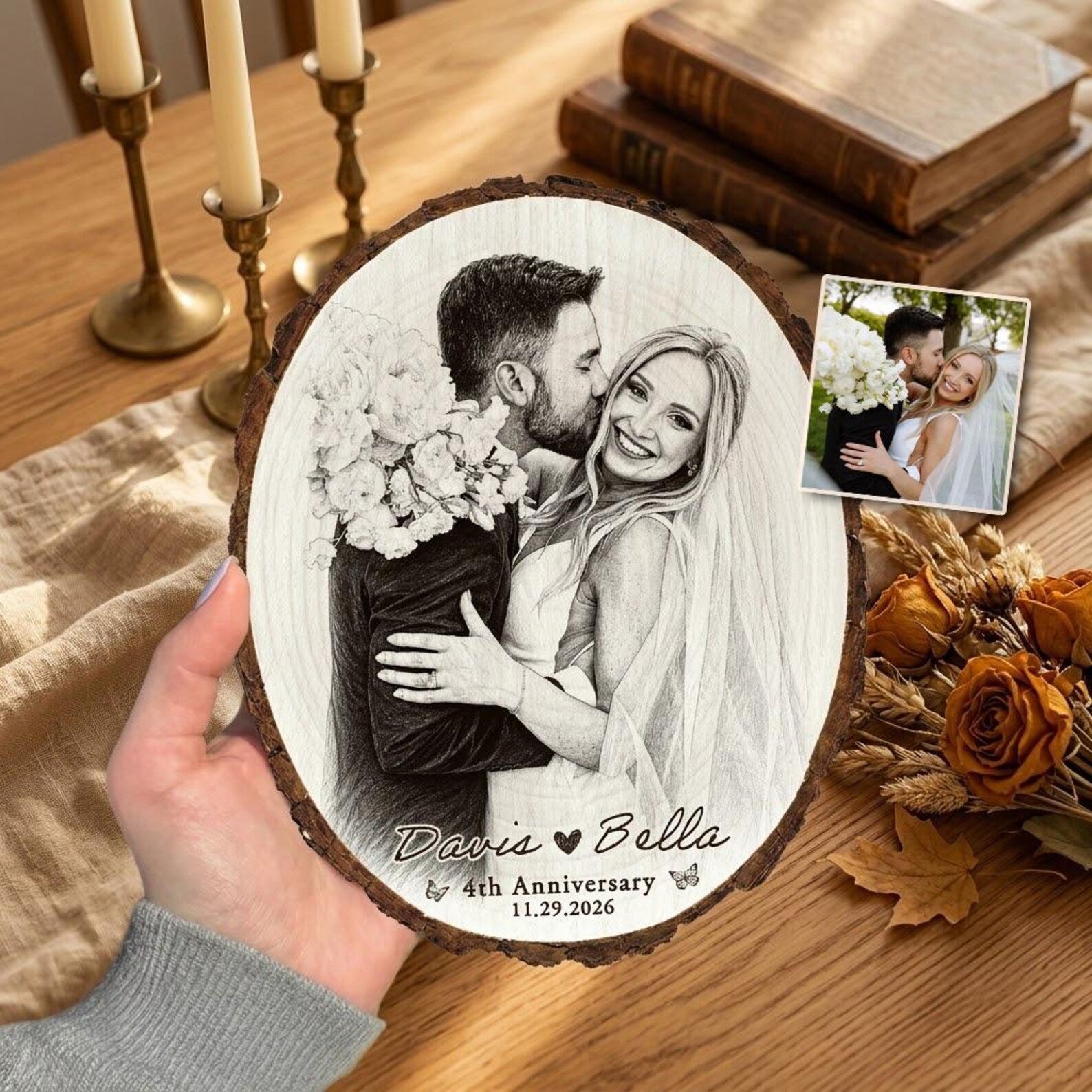Custom Wedding Portrait From Photo Wooden Sign, Personalized Wedding Gift for Couple, 5th Anniversary Gift for Husband, Rustic Wedding Decor. WSBILUMIE1