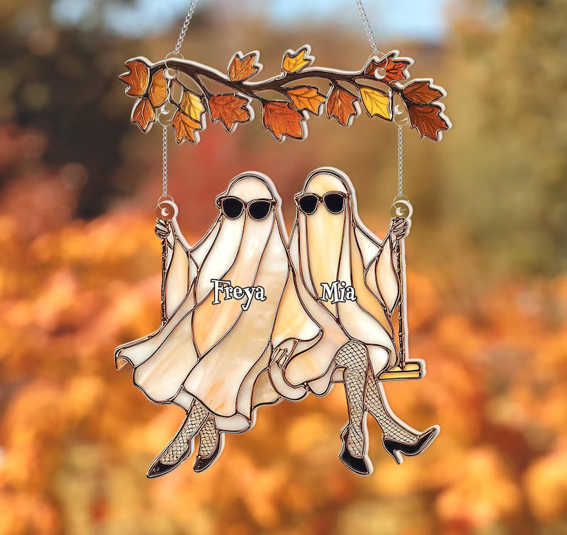 Custom Halloween Ghosts Suncatcher – Best Friends Gift, Ghost Besties Halloween Decor, Spooky Bestie Gift, Halloween Window Hanging, SCCBILUMIE2