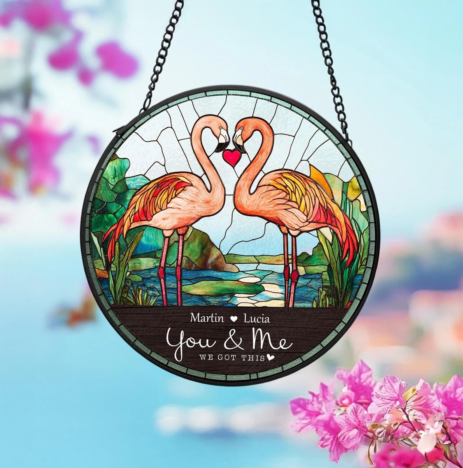 Custom Pink Flamingo Couple Glass Suncatcher, Flamingo Glass Art, Gift For Couple, Flamingo Decor, Flamingo Lover Gift, Valentine Gifts. SCBILUMIE7