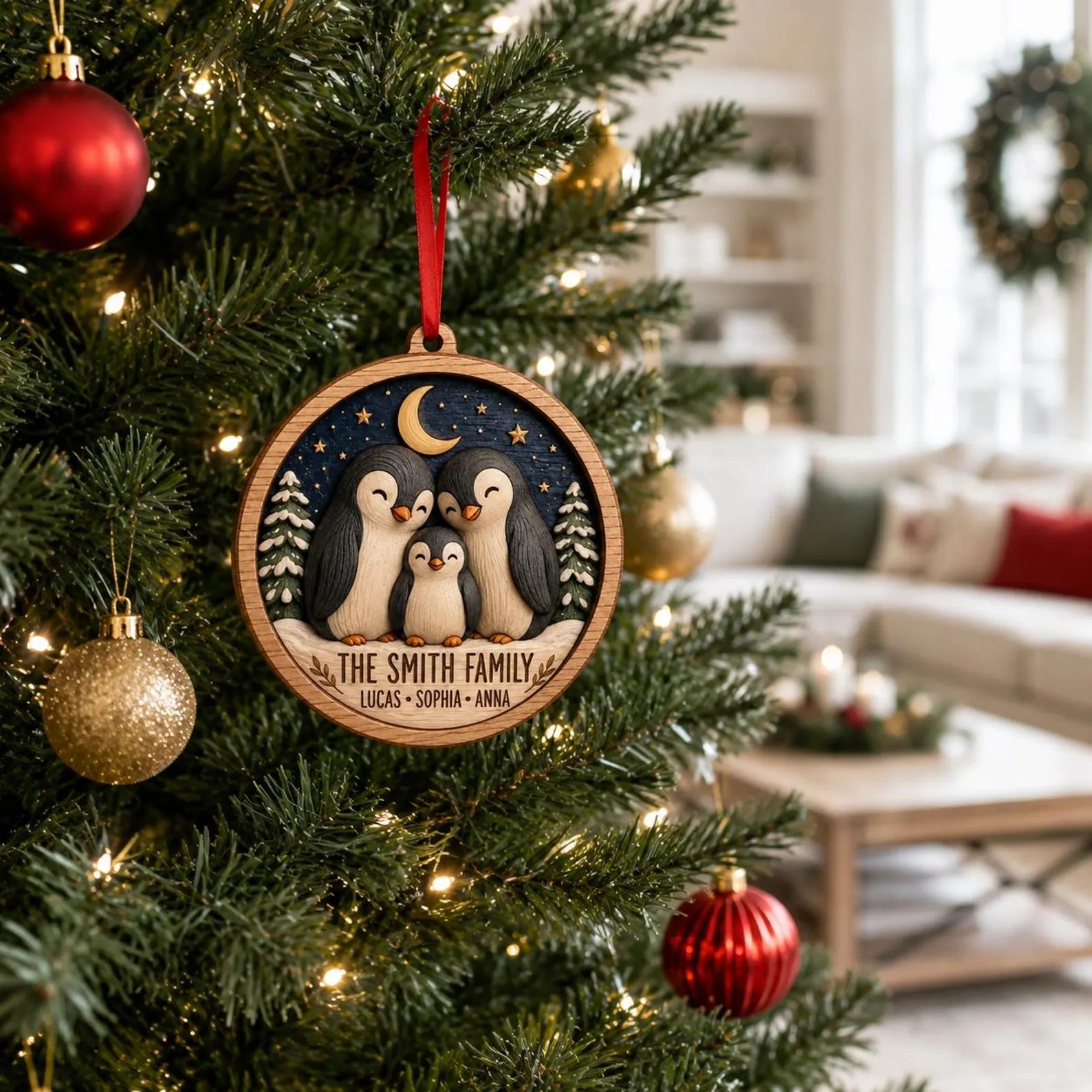 Personalized Penguin Family Wooden Ornament, Custom Family Christmas Ornament, Penguin Christmas Gift, Family Name Keepsake	COBILUMIE100