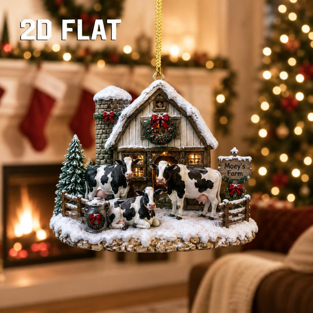 Personalized 2D Flat Cow Christmas Ornament, Custom Farm Name Wooden Ornament, Farmhouse Christmas Decor, Cow Lover Gift, Ranch Keepsake	COBILUMIE89