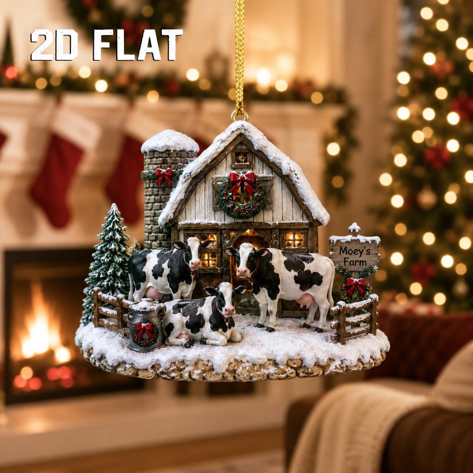 Personalized 2D Flat Cow Christmas Ornament, Custom Farm Name Wooden Ornament, Farmhouse Christmas Decor, Cow Lover Gift, Ranch Keepsake	COBILUMIE89