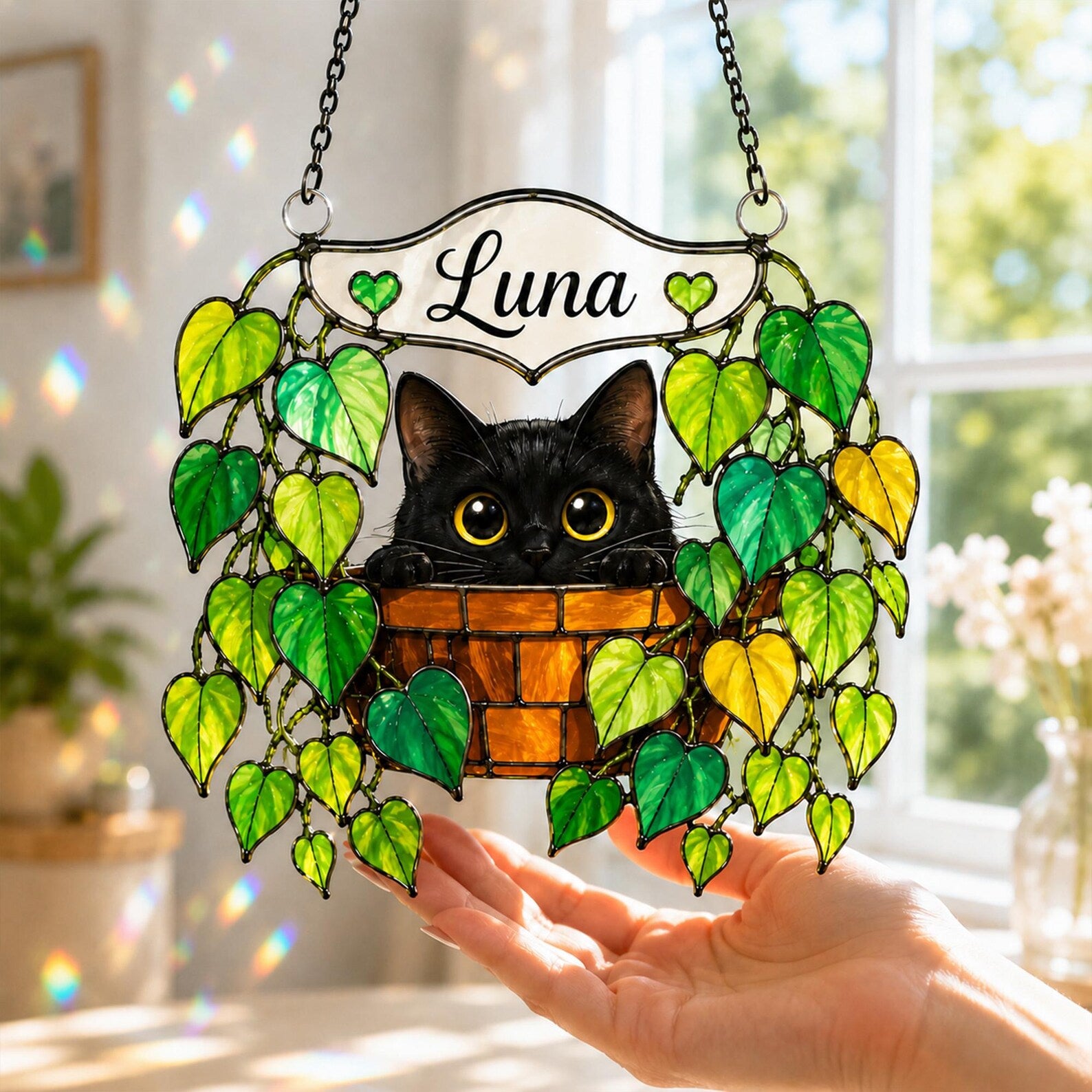 Personalized Black Cat Glass Suncatcher, Pothos Plant Suncatcher, Cat Lover Gift, Plant Mom Gift, Botanical Glass Art, Window Hanging. SCCBILUMMIE11