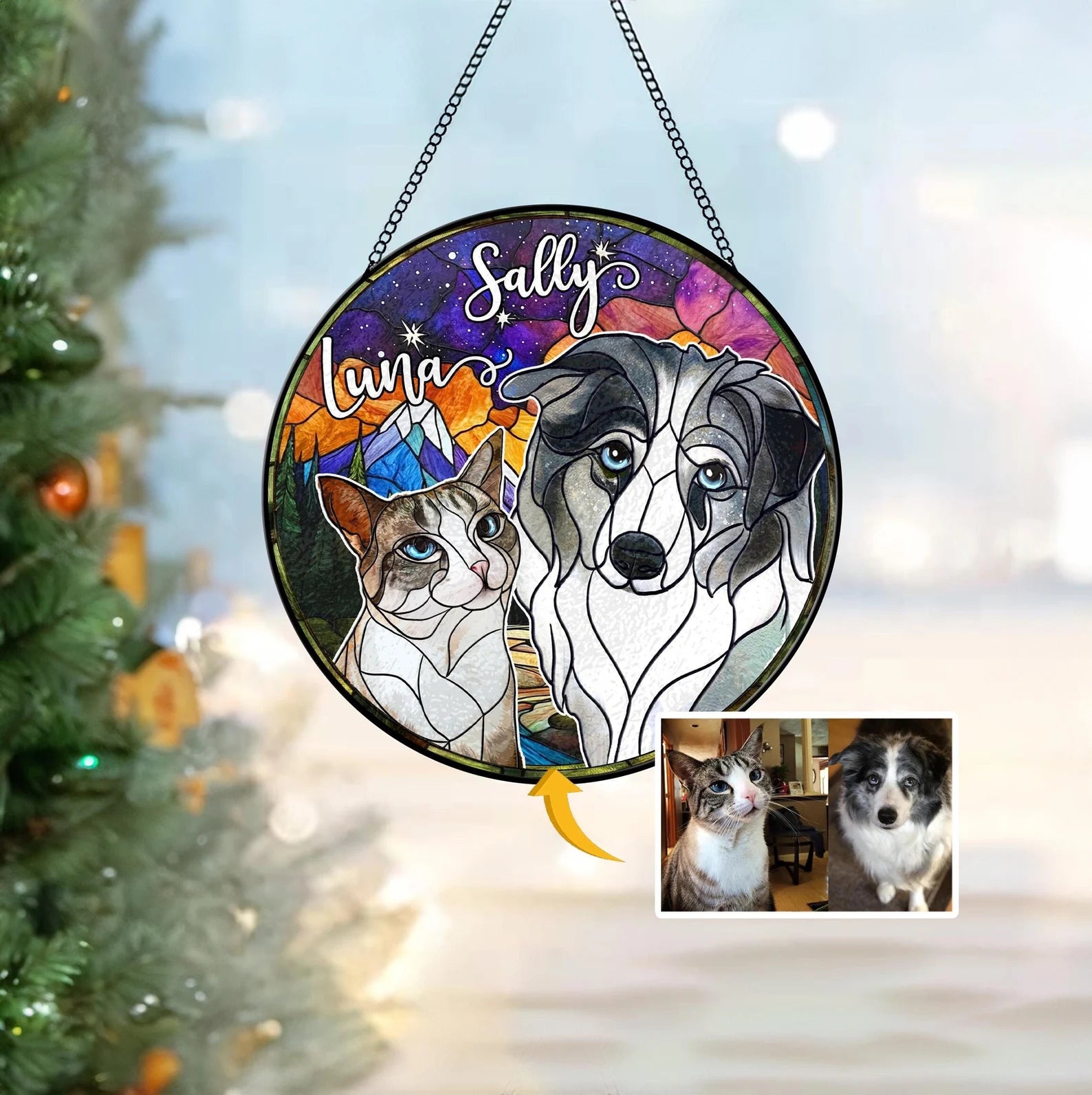 Custom Pets Portrait Glass Suncatcher, Custom Dog Portrait From Photo Glass Art, Dog Memorial Gift, Cat Lover Gift, Christmas Decoration. SCCBILUMMIE29