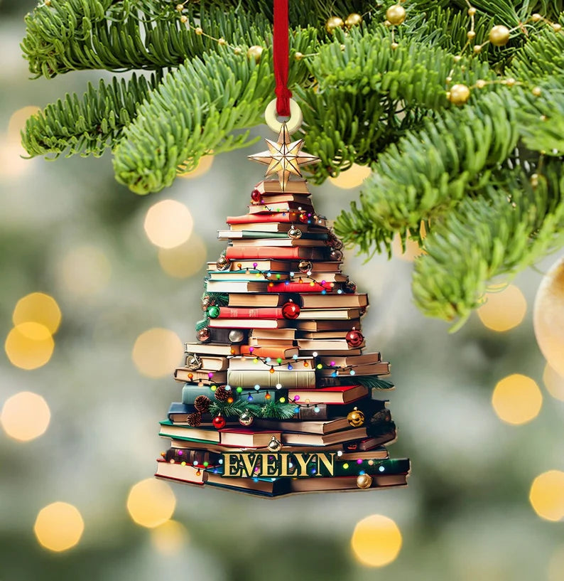 Personalized Christmas Book Tree Name Ornament, Custom Bookish Ornament, Book Lover Gift, Bookworm Gifts, Book Club Ornament, Librarian Gift. COBILUMIE9