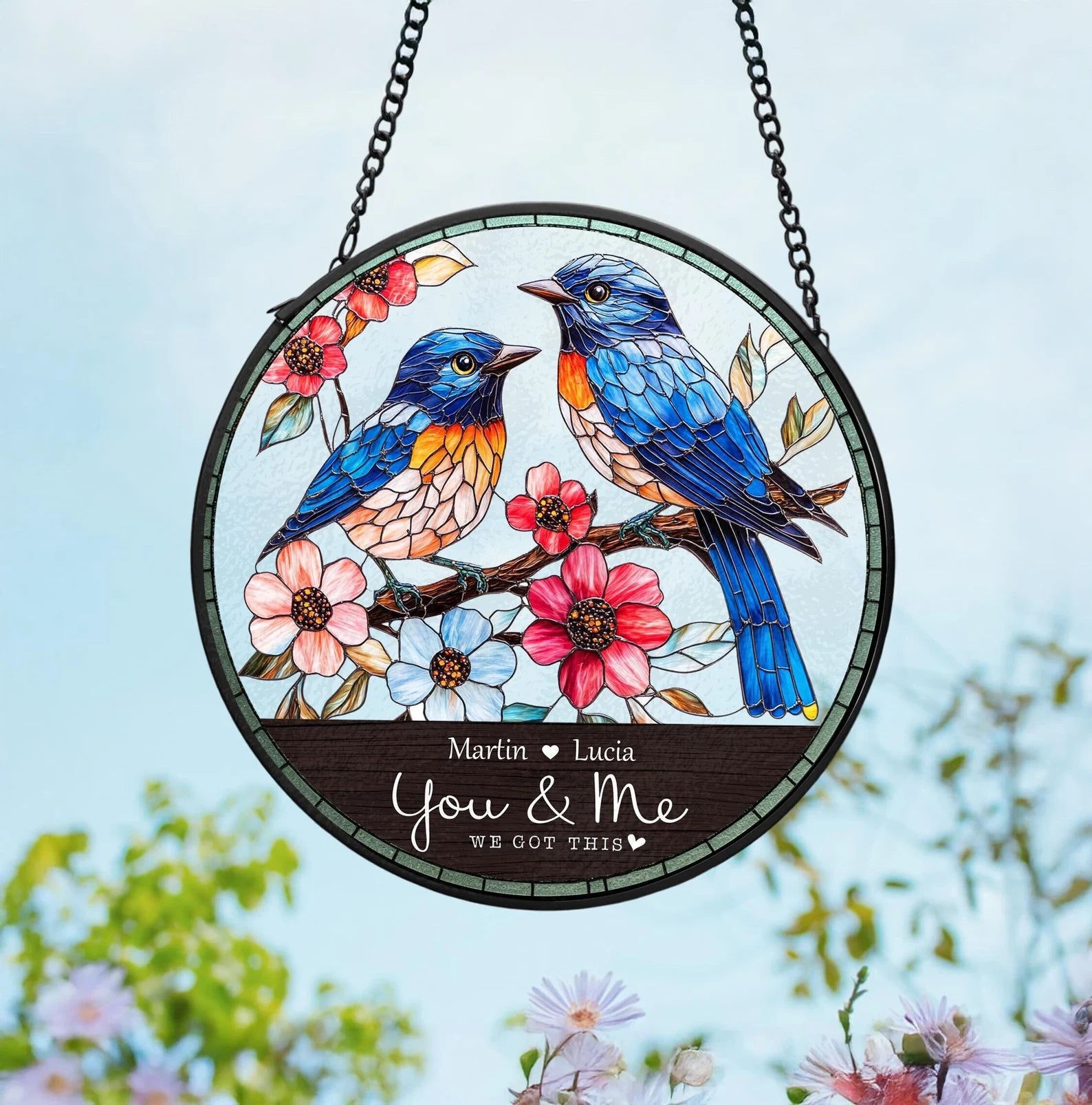 Personalized Bluebird Couple Glass Suncatcher, Bird Glass Suncatcher, Gift For Couple, Valentine Gifts, Bird Lover Gift, Anniversary Gift. SCBILUMIE8