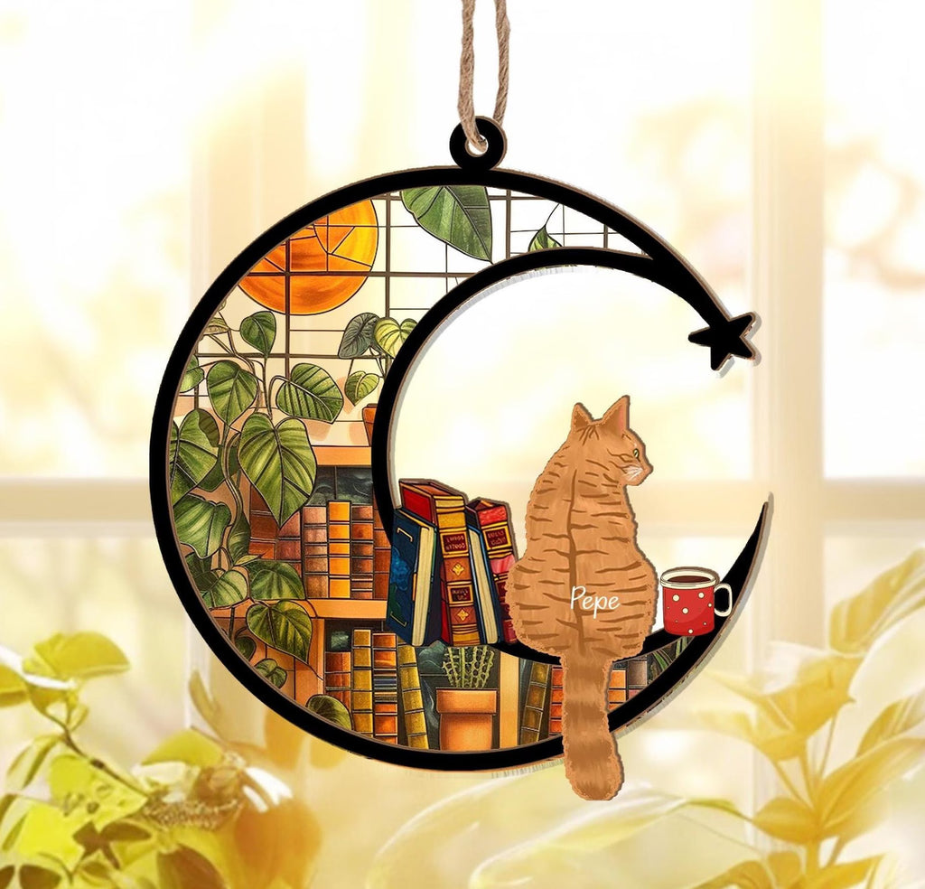 Personalized Cat Book Suncatcher, Custom Reading Cat Suncatcher, Bookish Gift, Cat Window Hangings, Gift for Cat Lover, Gift for Book Lovers. SCCBILUMMIE36