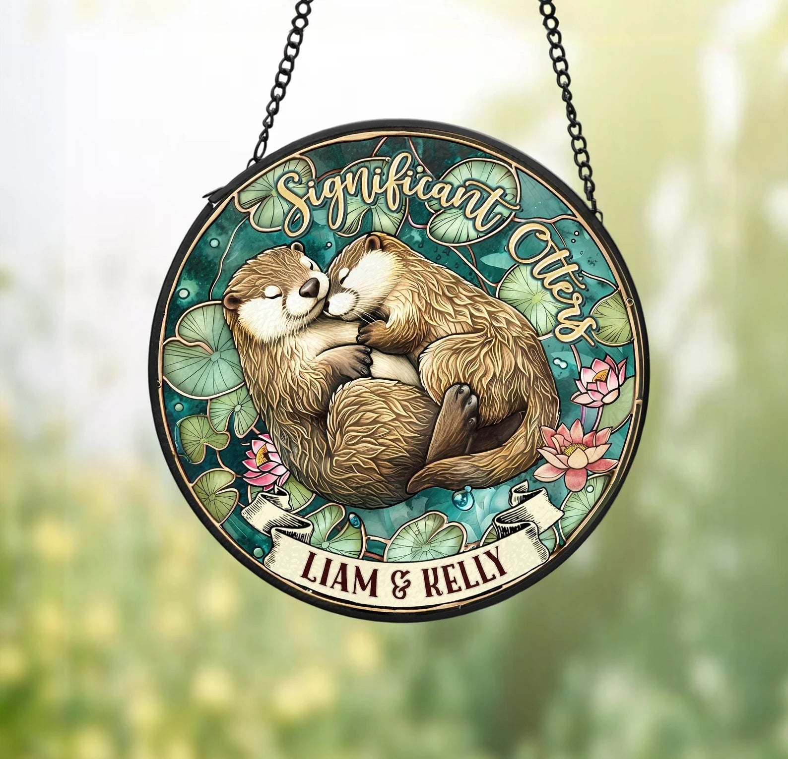 Personalized Otter Couple Glass Suncatcher, Animal Glass Suncatcher, Valentine Gifts, Anniversary Gift, Gift For Couple, Otter Gift. SCBILUMIE6