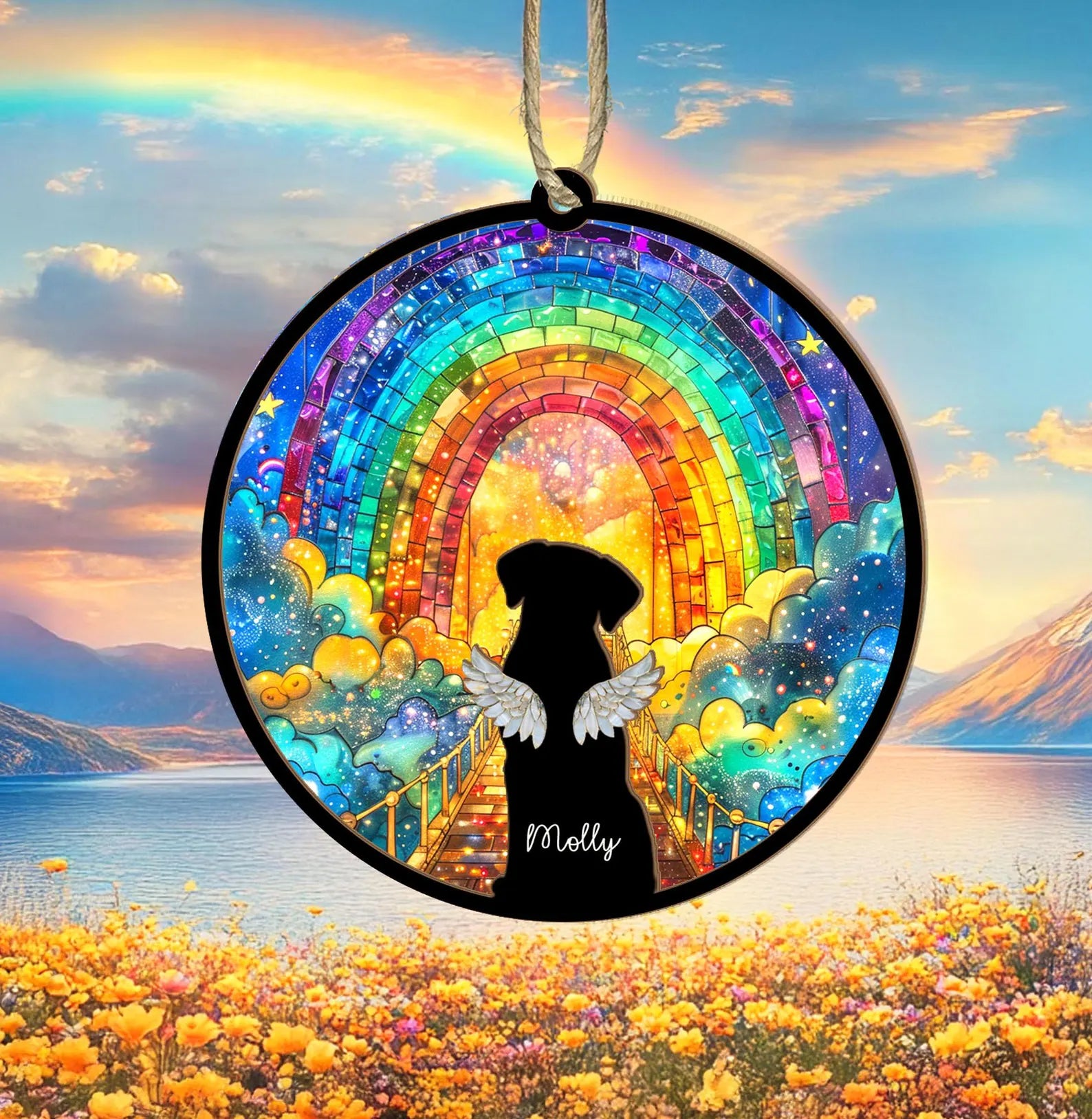 Custom Dog Rainbow Bridge Suncatcher, Dog Loss Sympathy Gift, Pet Memorial Gift, Dog Memorial Gift, Dog Remembrance Gift, Dog Lover Gift. SCCBILUMMIE47