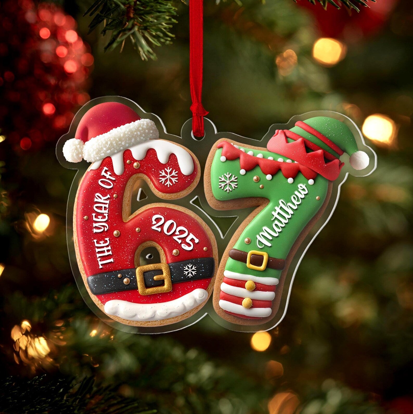 NEW Custom Name 6 7 Santa Claus Elf Christmas Ornament, Six Seven Ornament, Kids Christmas Gift, Grandkids Ornament, Christmas Decor. COBILUMIE38