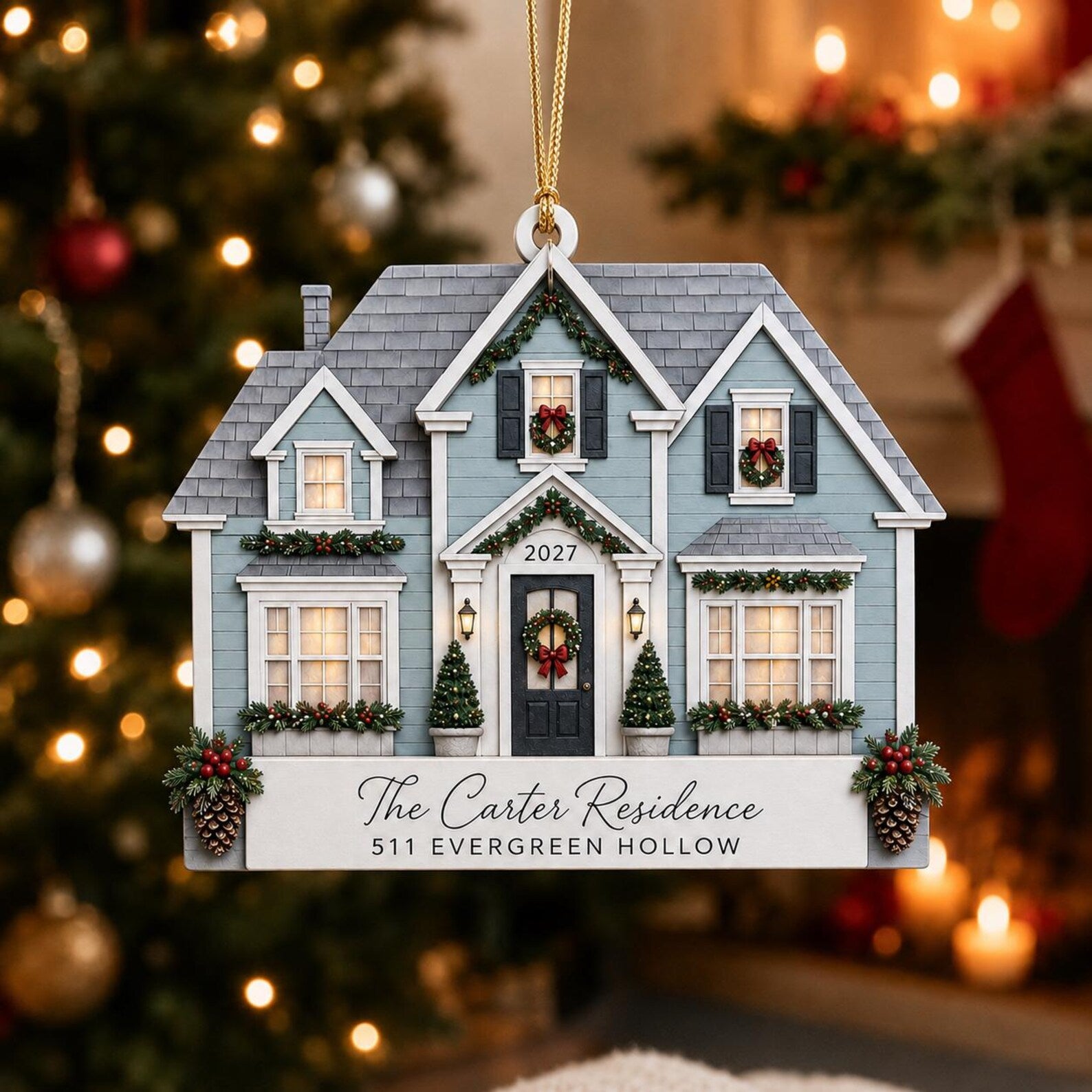 Personalized 2D Flat House Christmas Ornament, Custom New Home Wooden Ornament, Family Address Gift, Housewarming Keepsake	COBILUMIE90