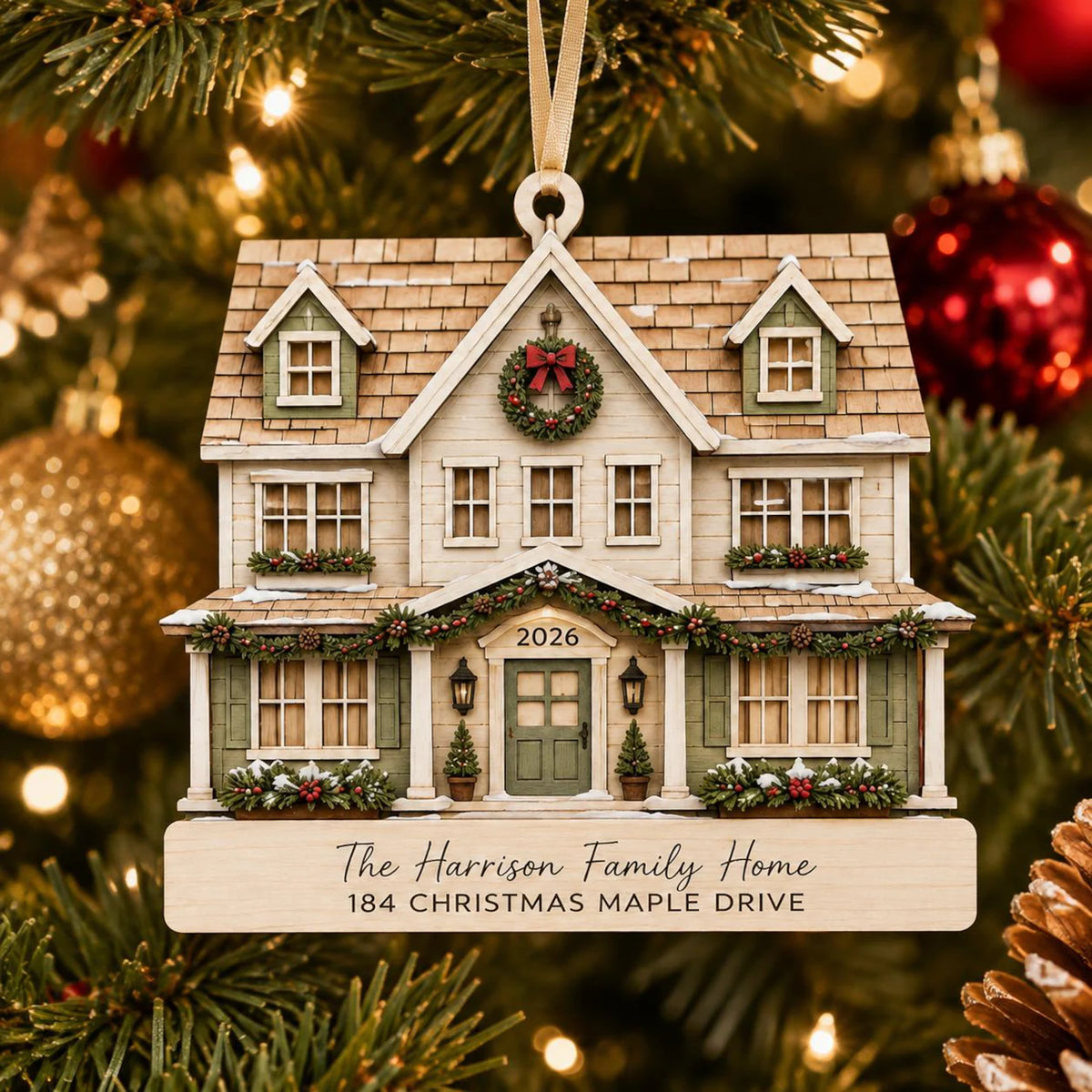 Personalized 2D Flat Family Home Christmas Ornament, Custom House Address Wooden Ornament, New Home Gift, Housewarming Keepsake 	COBILUMIE91