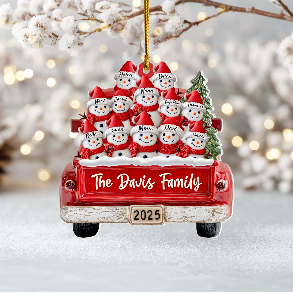 Custom Snowman Family Ornament, Up To 12 Snowmen Ornament, Red Truck Ornament, Family Christmas Gift, Holiday Keepsake, Christmas Tree Decor COBILUMIE51