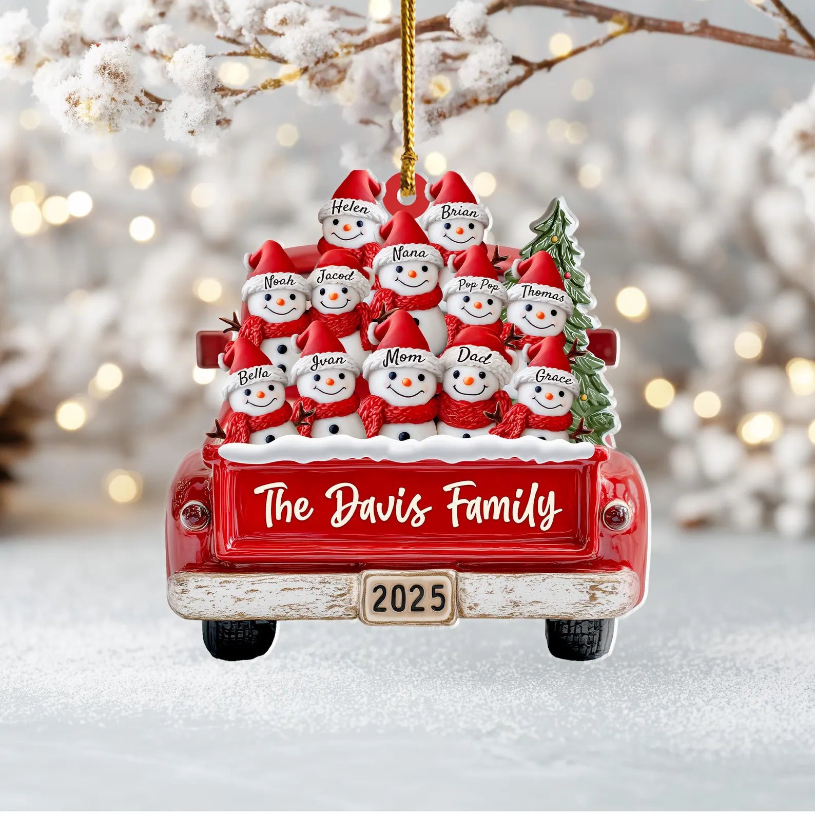 Custom Snowman Family Ornament, Up To 12 Snowmen Ornament, Red Truck Ornament, Family Christmas Gift, Holiday Keepsake, Christmas Tree Decor COBILUMIE51