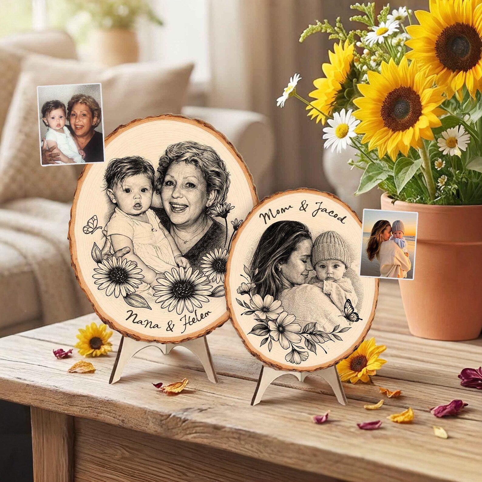 Custom Mom Wood Slice Photo Printing, Custom Family Portrait from Photo, Gift For Mom, Grandma Gift, Mothers Day Gift, Rustic Home Decor. MDBILUMIE13
