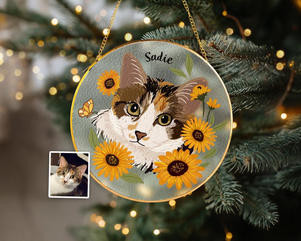 Custom Cat Portrait Glass Suncatcher with Gold Frame & Stand, Pet Memorial Gift, Cat Mom Gift, Loss Of Pet Sympathy Gift, Christmas Decor. SCCBILUMMIE34