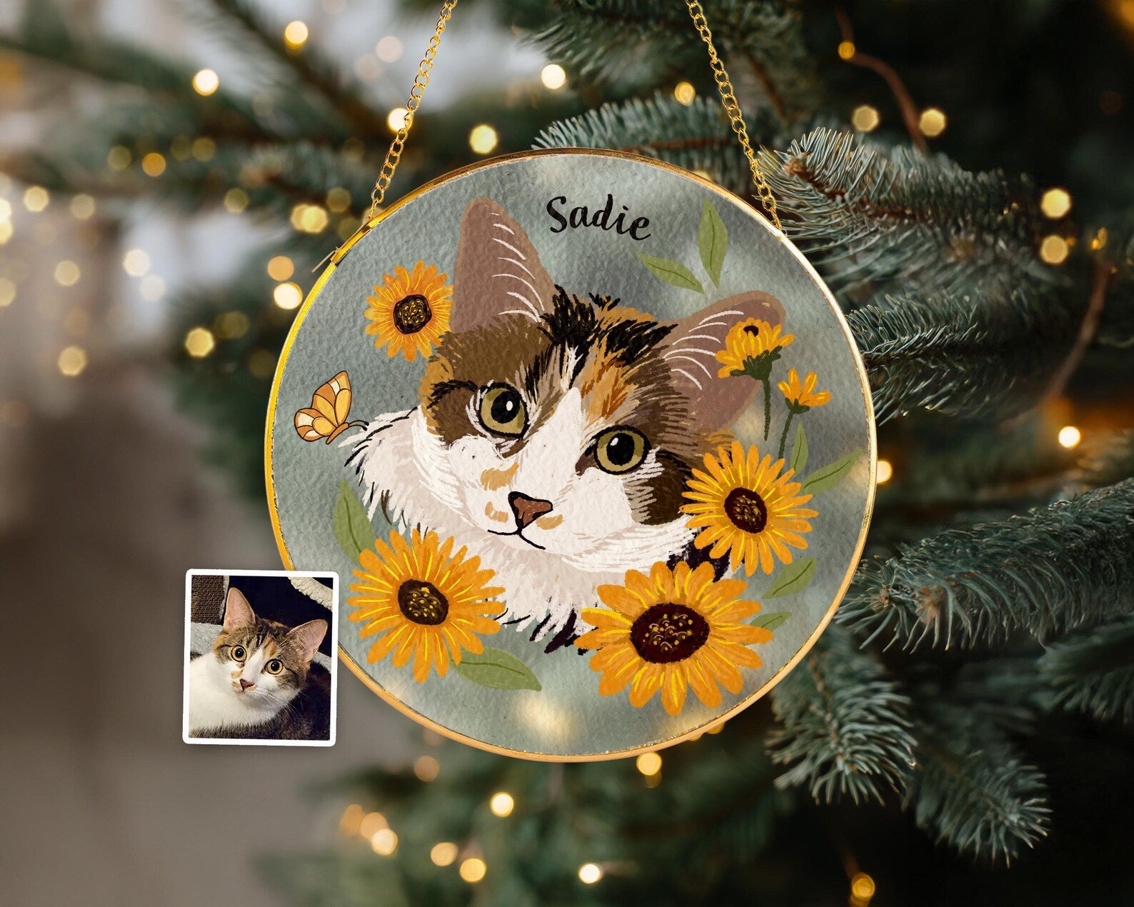 Custom Cat Portrait Glass Suncatcher with Gold Frame & Stand, Pet Memorial Gift, Cat Mom Gift, Loss Of Pet Sympathy Gift, Christmas Decor. SCCBILUMMIE34