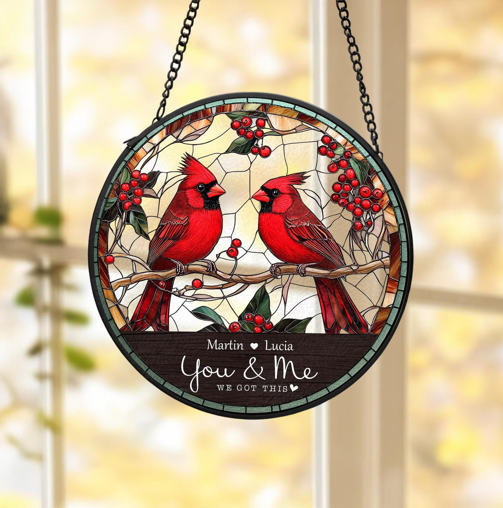 Personalized Cardinal Couple Glass Suncatcher, Cardinal Glass Art, Valentine Gifts, Anniversary Gift, Gift For Couple, Home Decor. SCBILUMIE1