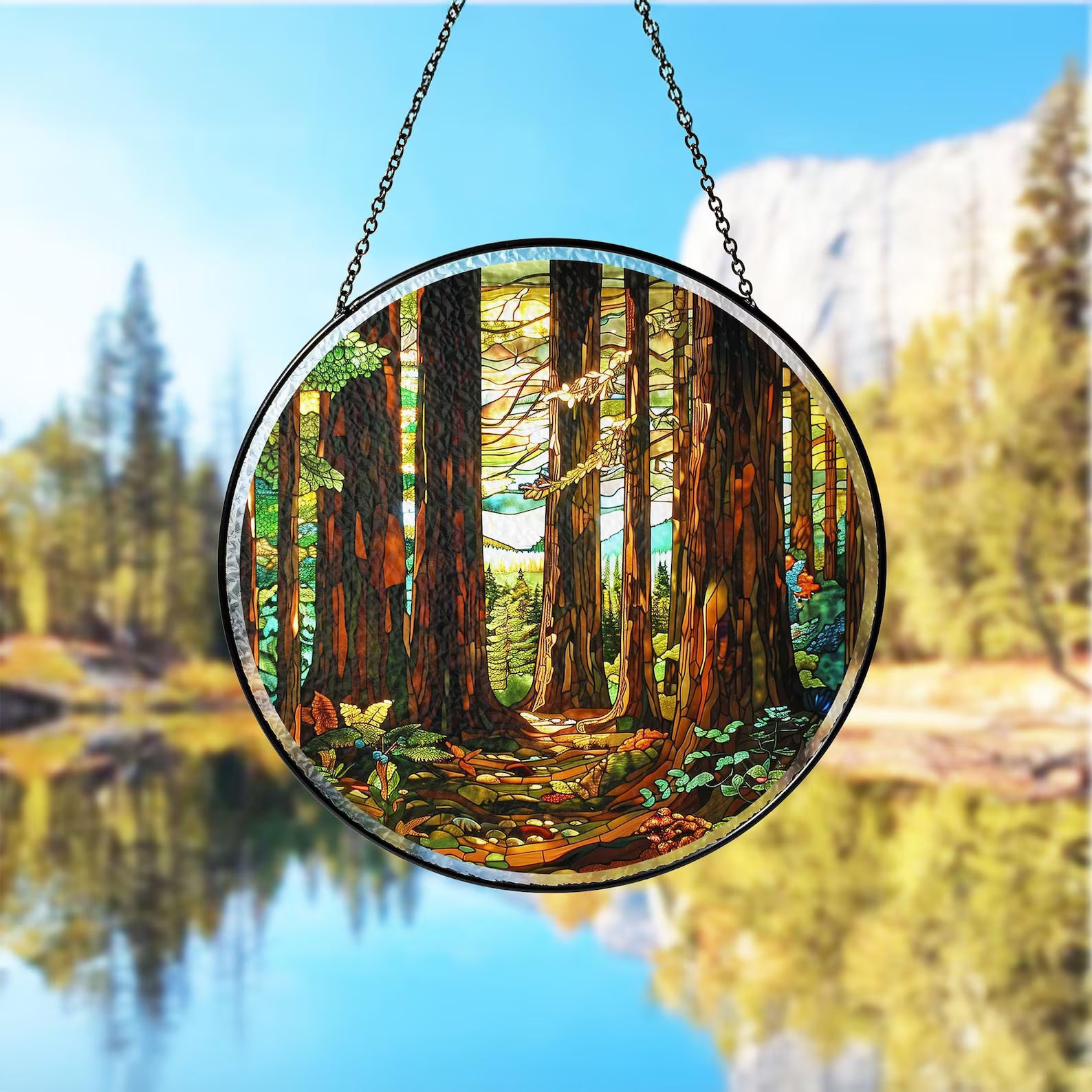Redwood National Park Glass Suncatcher, Forest Glass Suncatcher, US National Parks Window Hangings, Window Decor, Housewarming Gift. SCBILUMIE24