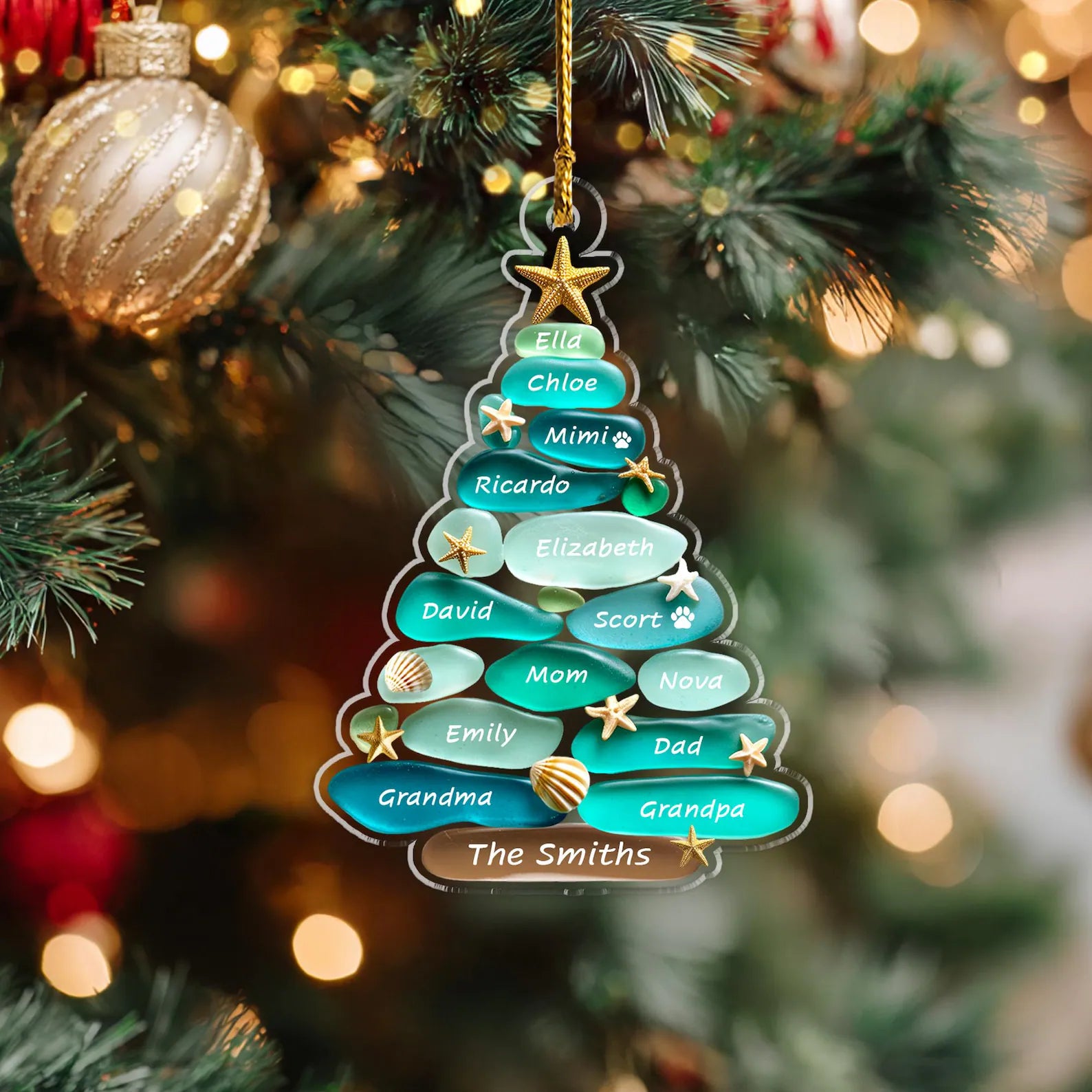 Custom Family Tree Sea Glass Christmas Ornament, Custom Family Name Ornament, Coastal Christmas, Family Christmas Gift, Christmas Decor. COBILUMIE28