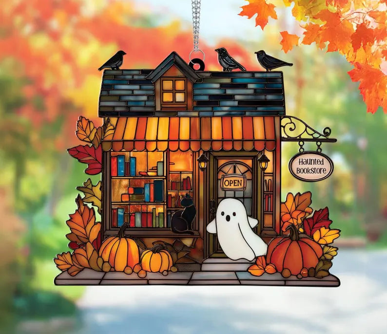 Halloween Haunted Bookstore Window Hanging, Halloween Ghost Window Hanging, Bookworm Gift, Fall Decor, Book Lover Gift, Spooky Home Decor, SCCBILUMIE3