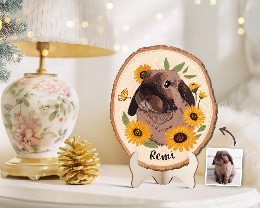 Custom Rabbit Portrait Wooden Hanging, Custom Pet Portrait From Photo, Bunny Memorial Gift, Pet Portrait Wall Art, Pet Loss Sympathy Gift. WHBILUMMIE4