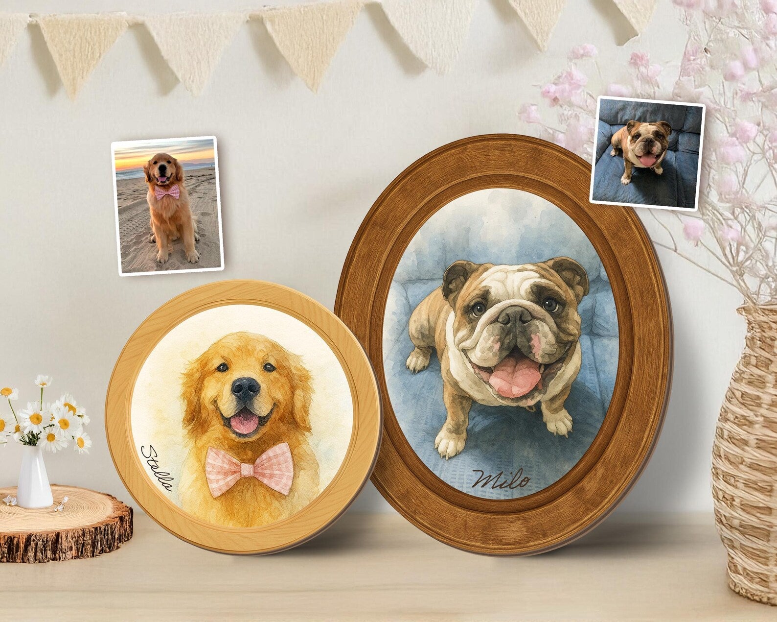 Custom Pet Portrait From Photo Wooden Hanging, Custom Dog Photo Frame, Pet Memorial Gift, Dog Loss Sympathy Gift, Gift For Dog Lovers. PTBILUMIE4