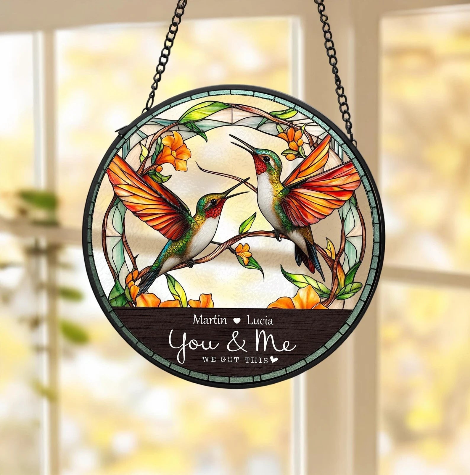Personalized Hummingbird Couple Glass Suncatcher, Valentine Gifts, Hummingbird Glass Art, Gift For Couple, Anniversary Gift, Home Decor. SCBILUMIE3