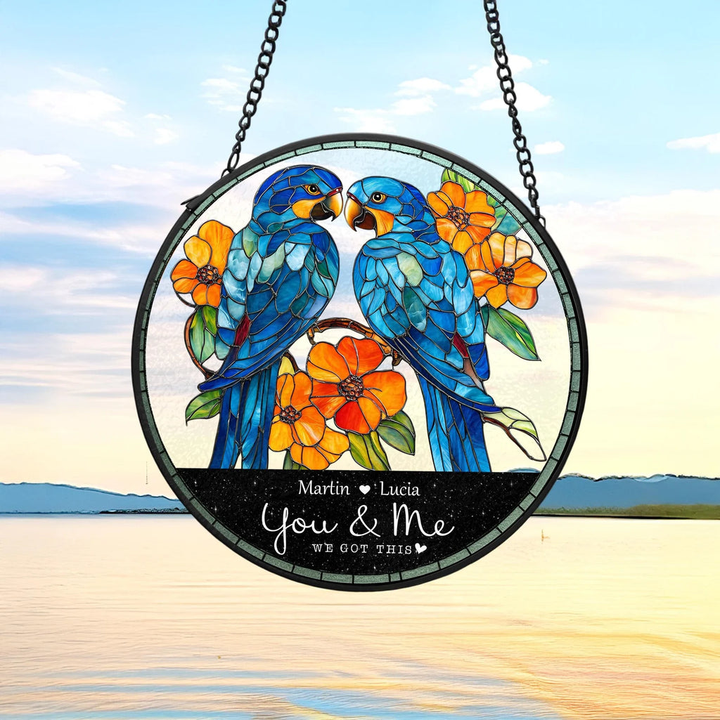 Personalized Parrot Couple Glass Suncatcher, Parrot Glass Art, Gift For Couple, Anniversary Gift, Parrot Lover Gift, Valentine Gifts. SCBILUMIE9