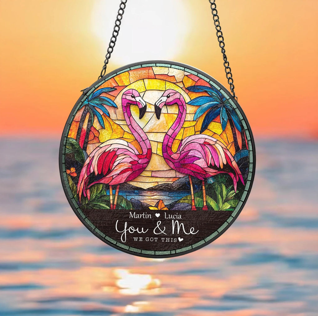 Custom Flamingo Couple Glass Suncatcher, Pink Flamingo Glass Art, Valentine Gifts, Gift For Couple, Flamingo Decor, Flamingo Lover Gift. SCBILUMIE10