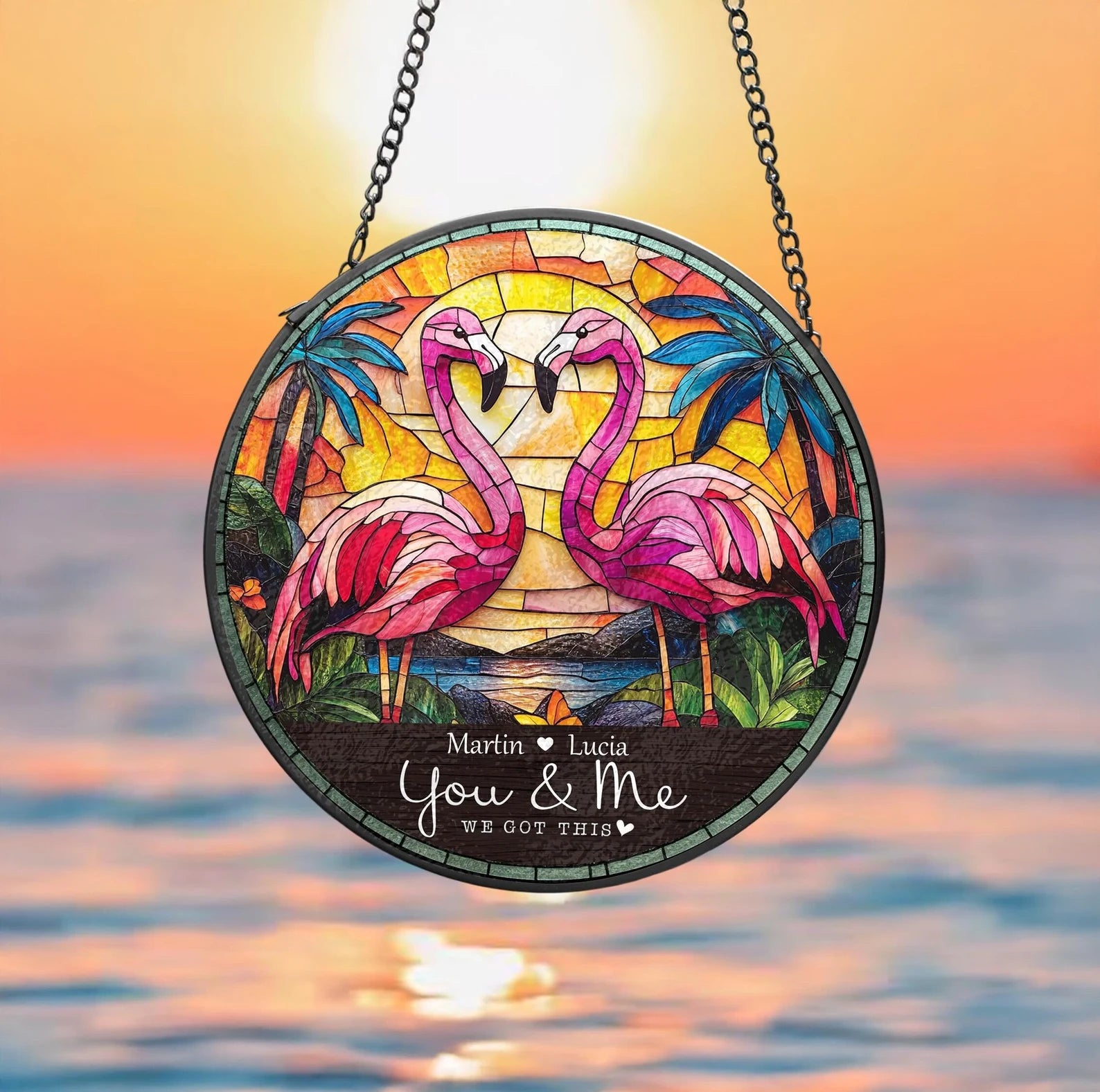 Custom Flamingo Couple Glass Suncatcher, Pink Flamingo Glass Art, Valentine Gifts, Gift For Couple, Flamingo Decor, Flamingo Lover Gift. SCBILUMIE10