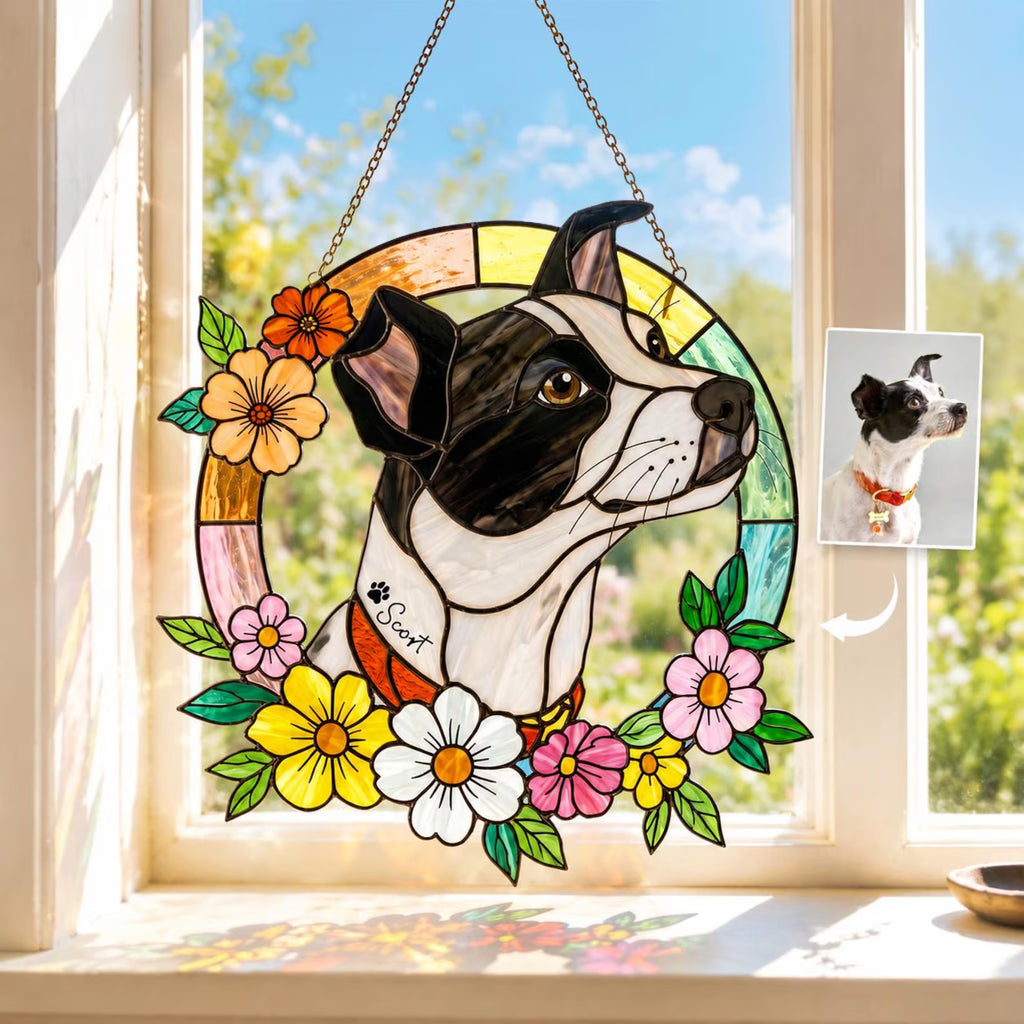 Personalized Dog Portrait Stained Glass Suncatcher, Pet Memorial Gift, Dog Photo Suncatcher, Dog Loss Keepsake, Pet Loss Sympathy Gift. SCCBILUMMIE51