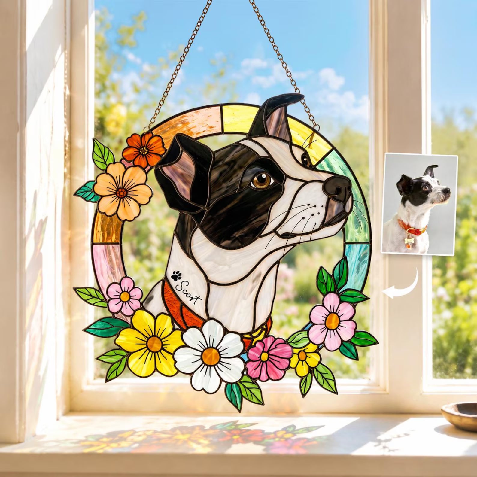Personalized Dog Portrait Stained Glass Suncatcher, Pet Memorial Gift, Dog Photo Suncatcher, Dog Loss Keepsake, Pet Loss Sympathy Gift. SCCBILUMMIE51