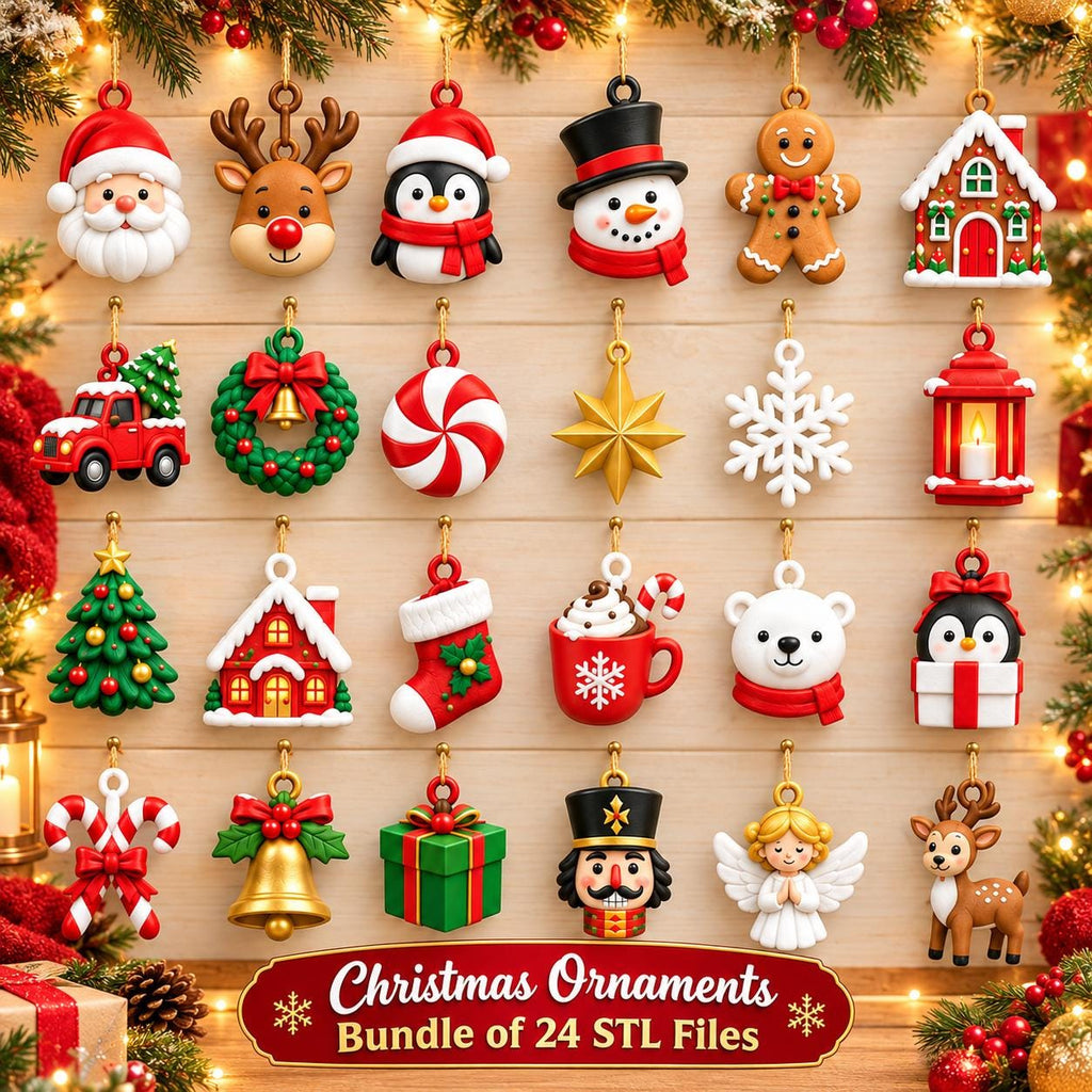 May include: A collection of 24 Christmas ornaments featuring Santa, reindeer, penguins, snowmen, gingerbread, houses, trucks, wreaths, candy, stars, snowflakes, lanterns, trees, stockings, cocoa, bears, gifts, nutcrackers, and angels with the text Christmas Ornaments Bundle of 24 STL Files.