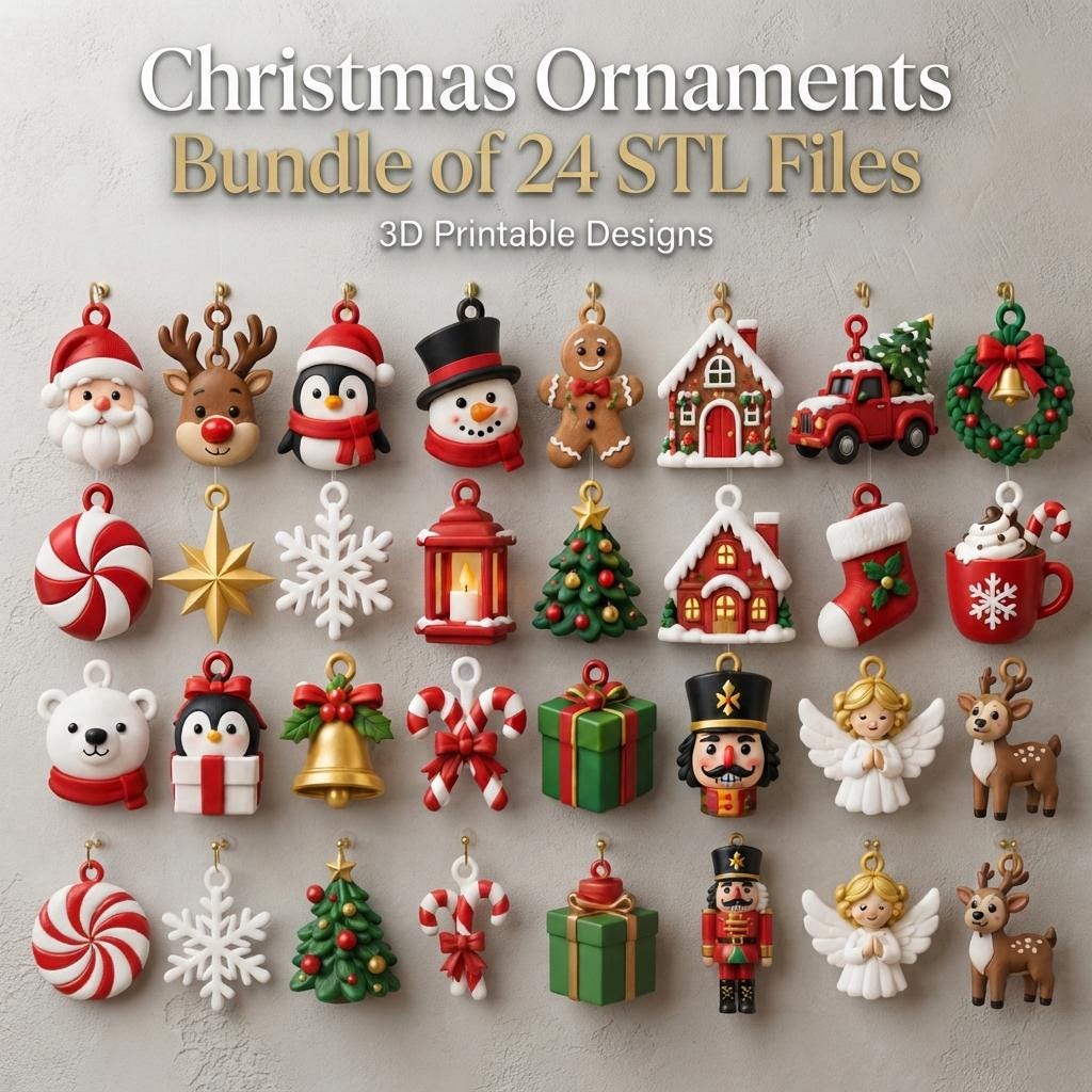 May include: A collection of 24 Christmas ornaments featuring 3D printable designs including Santa, reindeer, penguins, snowmen, gingerbread men, houses, trucks, wreaths, stars, snowflakes, lanterns, trees, stockings, mugs, gifts, nutcrackers, and angels.