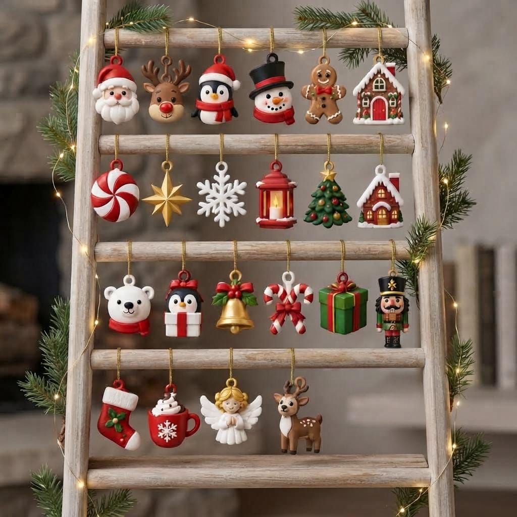 May include: A collection of twenty-four miniature Christmas ornaments hanging from a wooden ladder. The ornaments include figures of Santa, a reindeer, a penguin, a snowman, a gingerbread man, a house, a candy cane, a star, a snowflake, a lantern, a tree, a polar bear, a bell, a gift, a nutcracker, a stocking, a mug, and an angel.